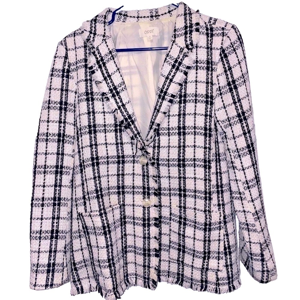 Oddi Tweed Blazer Jacket Womens Medium Ivory Black Plaid